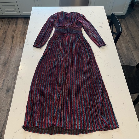 2741 Jonathan Simkhai Rainbow Metallic Pleated Long Sleeve V-Neck Party Gown 4 - Picture 8 of 9